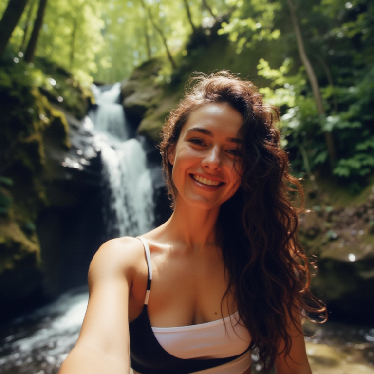 a_woman_with_dark_wavy_hair_and_tan_skin_standing_near_a_small_waterfall_in_a_forest_she_takes_a_se_bggf9mi5d98pducy7az5_0