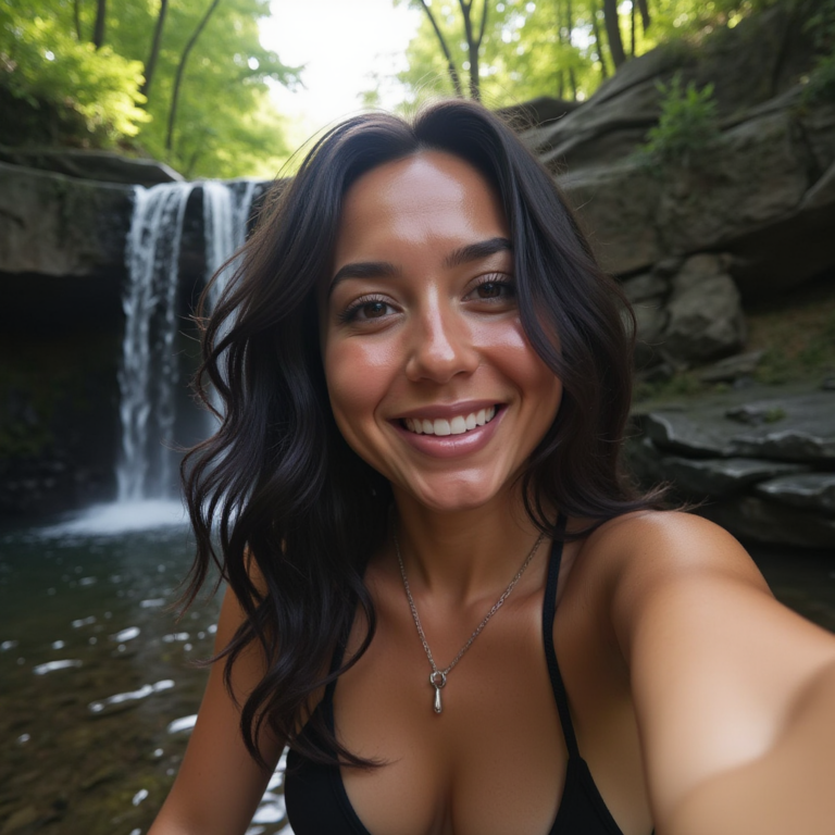 a_woman_with_dark_wavy_hair_and_tan_skin_standing_near_a_small_waterfall_in_a_forest_she_takes_a_se_s5fdmkzcopk17e4qube2_0