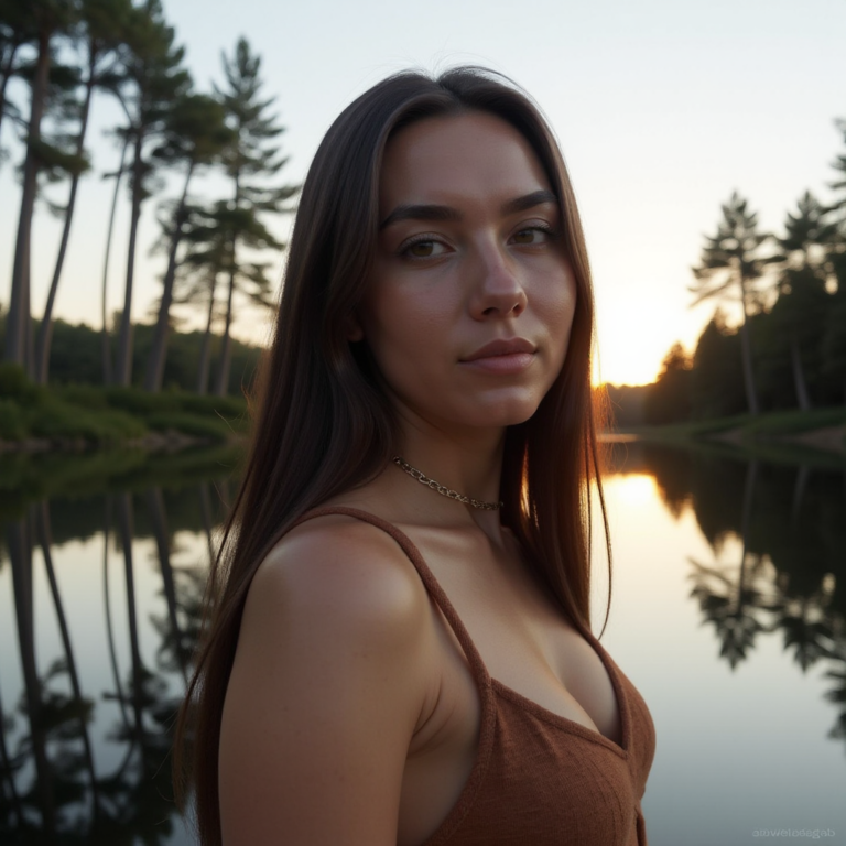a_woman_with_light_skin_and_straight_dark_hair_standing_at_the_edge_of_a_calm_lake_during_the_golde_0wnhl3ita0gmk4qql1y1_1