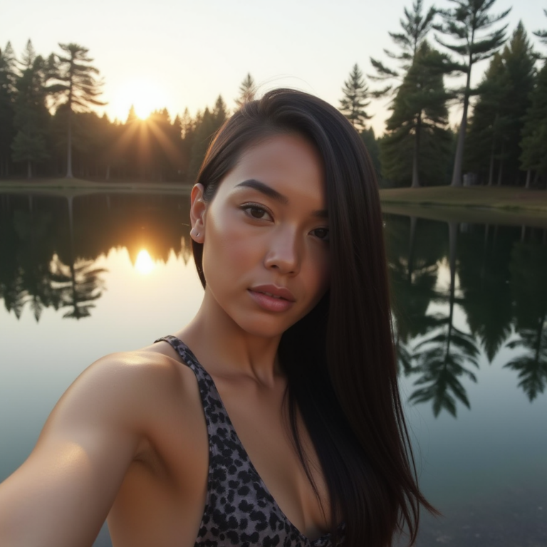a_woman_with_light_skin_and_straight_dark_hair_standing_at_the_edge_of_a_calm_lake_during_the_golde_8lv2zyspe7kr87a3x7t4_0